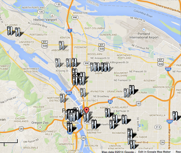 Locations of Food Cart Stations around Portland